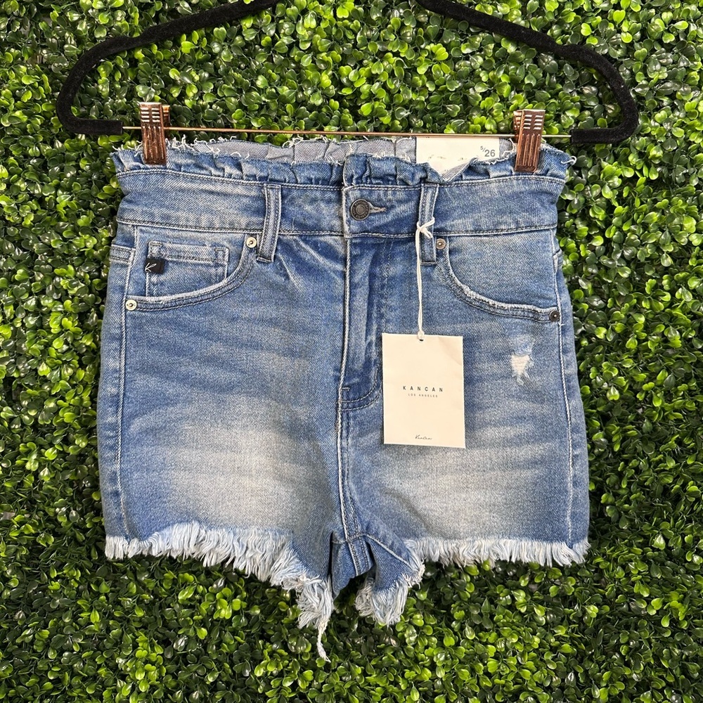 KanCan Women's‎ Blue Denim paper bag raw hem Shorts NWT